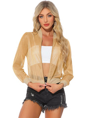 Sheer Mesh Shiny Long Sleeve See Through Zip Up Jacket