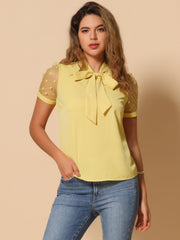 Bow Tie V Neck Stand Collar Short Mesh Sleeve Blouse