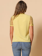 Bow Tie V Neck Stand Collar Short Mesh Sleeve Blouse