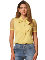 Bow Tie V Neck Stand Collar Short Mesh Sleeve Blouse