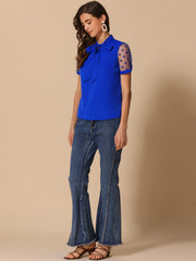 Bow Tie V Neck Stand Collar Short Mesh Sleeve Blouse