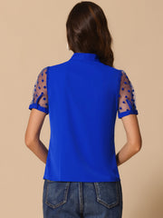 Bow Tie V Neck Stand Collar Short Mesh Sleeve Blouse