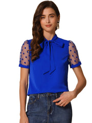 Bow Tie V Neck Stand Collar Short Mesh Sleeve Blouse