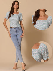 Smocked Crop Top Slim Fit Peasant Floral Blouse