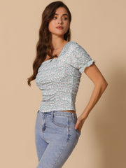 Smocked Crop Top Slim Fit Peasant Floral Blouse