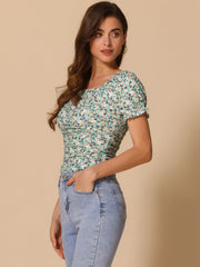 Smocked Crop Top Slim Fit Peasant Floral Blouse