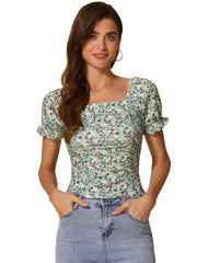 Smocked Crop Top Slim Fit Peasant Floral Blouse