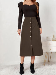 Corduroy Buttoned Split Solid Color A-Line Midi Skirt