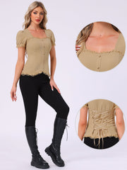 Sweetheart Neck Puff Short Sleeve Lace Up Gothic Blouse