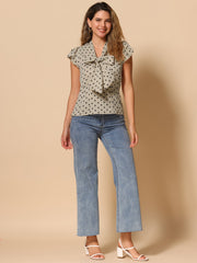Summer Polka Dots Top Bow Tie V Neck Ruffled Cap Sleeve Office Blouse