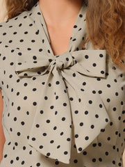 Summer Polka Dots Top Bow Tie V Neck Ruffled Cap Sleeve Office Blouse