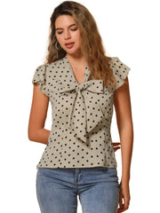 Summer Polka Dots Top Bow Tie V Neck Ruffled Cap Sleeve Office Blouse