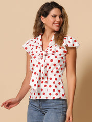 Summer Polka Dots Top Bow Tie V Neck Ruffled Cap Sleeve Office Blouse