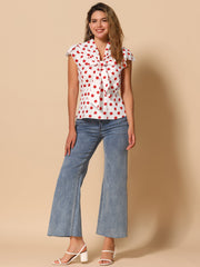 Summer Polka Dots Top Bow Tie V Neck Ruffled Cap Sleeve Office Blouse