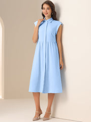 Cap Sleeves Collared Button Down Belted Midi Work Dress