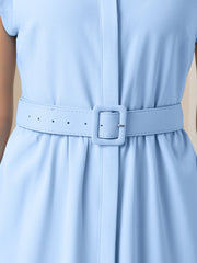 Cap Sleeves Collared Button Down Belted Midi Work Dress