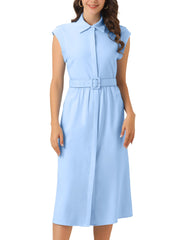 Cap Sleeves Collared Button Down Belted Midi Work Dress