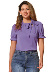 Bow Tie Neck Tops Elegant Office Short Sleeve Blouse
