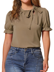 Bow Tie Neck Tops Elegant Office Short Sleeve Blouse