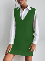 V Neck Sleeveless Pocketed Knit Mini Sweater Dress