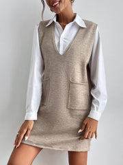 V Neck Sleeveless Pocketed Knit Mini Sweater Dress