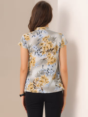 Satin Work Floral Vintage Stand Collar Cap Sleeve Blouse