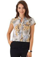 Satin Work Floral Vintage Stand Collar Cap Sleeve Blouse