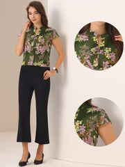 Satin Work Floral Vintage Stand Collar Cap Sleeve Blouse