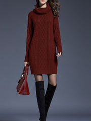 Turtle Neck Twist Knit Long Sleeves Mini Sweater Dress