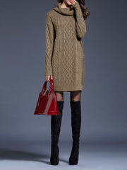 Turtle Neck Twist Knit Long Sleeves Mini Sweater Dress