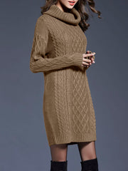 Turtle Neck Twist Knit Long Sleeves Mini Sweater Dress