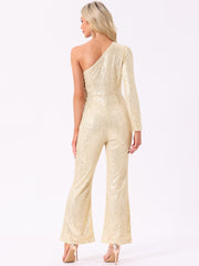 Sequin One Shoulder See Through Wide Legs Party Jumpsuit