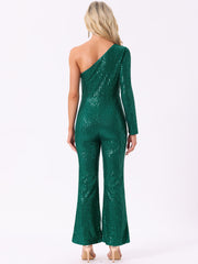Sequin One Shoulder See Through Wide Legs Party Jumpsuit