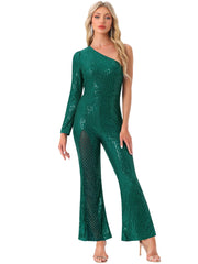 Sequin One Shoulder See Through Wide Legs Party Jumpsuit