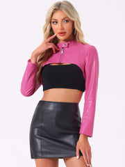 Faux Leather Stand Collar Moto Biker Cropped Jacket Shrugs