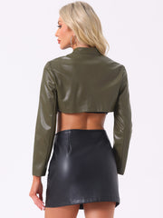 Faux Leather Stand Collar Moto Biker Cropped Jacket Shrugs