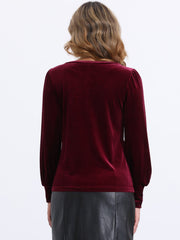 Velvet Round Neck Puff Long Sleeve Casual Pullover Blouse