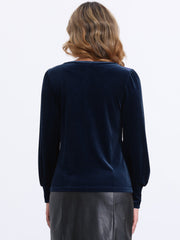 Velvet Round Neck Puff Long Sleeve Casual Pullover Blouse