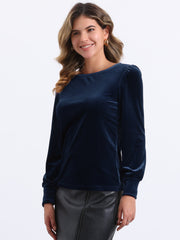 Velvet Round Neck Puff Long Sleeve Casual Pullover Blouse