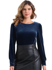 Velvet Round Neck Puff Long Sleeve Casual Pullover Blouse