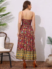 Boho Floral Summer Spaghetti Strap A-Line Flowy Smocked Midi Dress Sundress