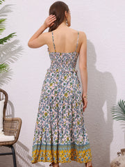 Boho Floral Summer Spaghetti Strap A-Line Flowy Smocked Midi Dress Sundress