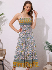 Boho Floral Summer Spaghetti Strap A-Line Flowy Smocked Midi Dress Sundress