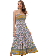 Boho Floral Summer Spaghetti Strap A-Line Flowy Smocked Midi Dress Sundress