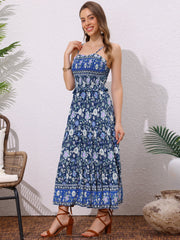 Boho Floral Summer Spaghetti Strap A-Line Flowy Smocked Midi Dress Sundress