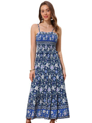 Boho Floral Summer Spaghetti Strap A-Line Flowy Smocked Midi Dress Sundress