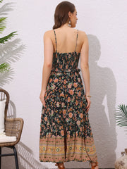 Boho Floral Summer Spaghetti Strap A-Line Flowy Smocked Midi Dress Sundress