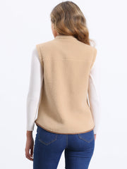 Fleece Plush Pockets Buttons Sleeveless Fuzzy Jacket Vest