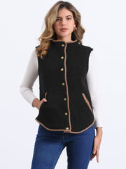 Fleece Plush Pockets Buttons Sleeveless Fuzzy Jacket Vest