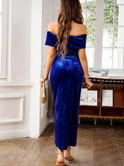 Off Shoulder Velvet Ruched Slit Midi Bodycon Dress